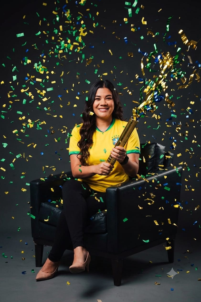 Fundadora da Amigos da Mesa Prop comemorando com canhão de confete e camisa do Brasil